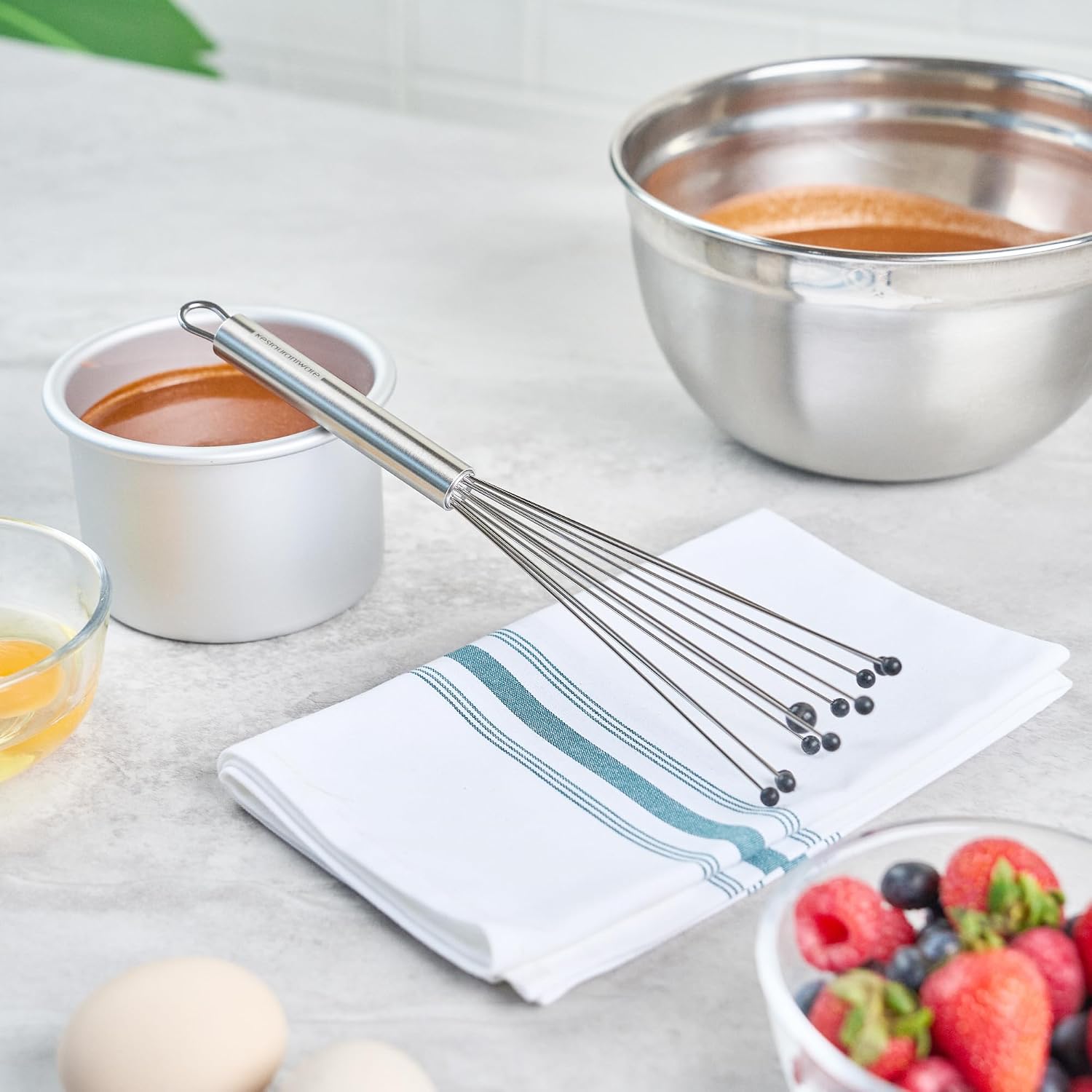 10.5 in Stainless Steel Ball Whisk - German Standard Egg Beater with Ergonomic Handle, Dishwasher Safe - Manual Mixer Cooking Whisk for Baking, Stirring, Sauces, Beating