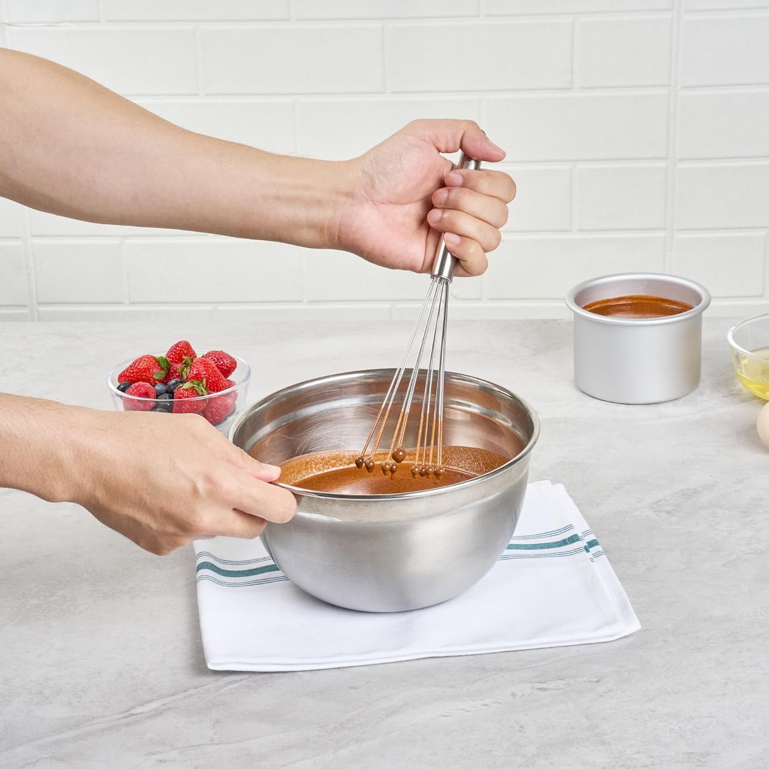 10.5 in Stainless Steel Ball Whisk - German Standard Egg Beater with Ergonomic Handle, Dishwasher Safe - Manual Mixer Cooking Whisk for Baking, Stirring, Sauces, Beating