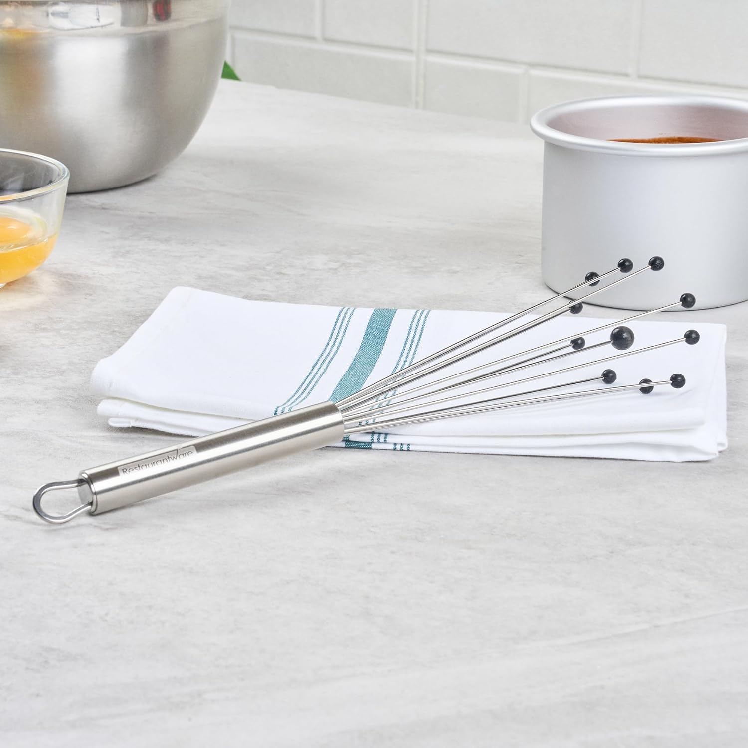 10.5 in Stainless Steel Ball Whisk - German Standard Egg Beater with Ergonomic Handle, Dishwasher Safe - Manual Mixer Cooking Whisk for Baking, Stirring, Sauces, Beating