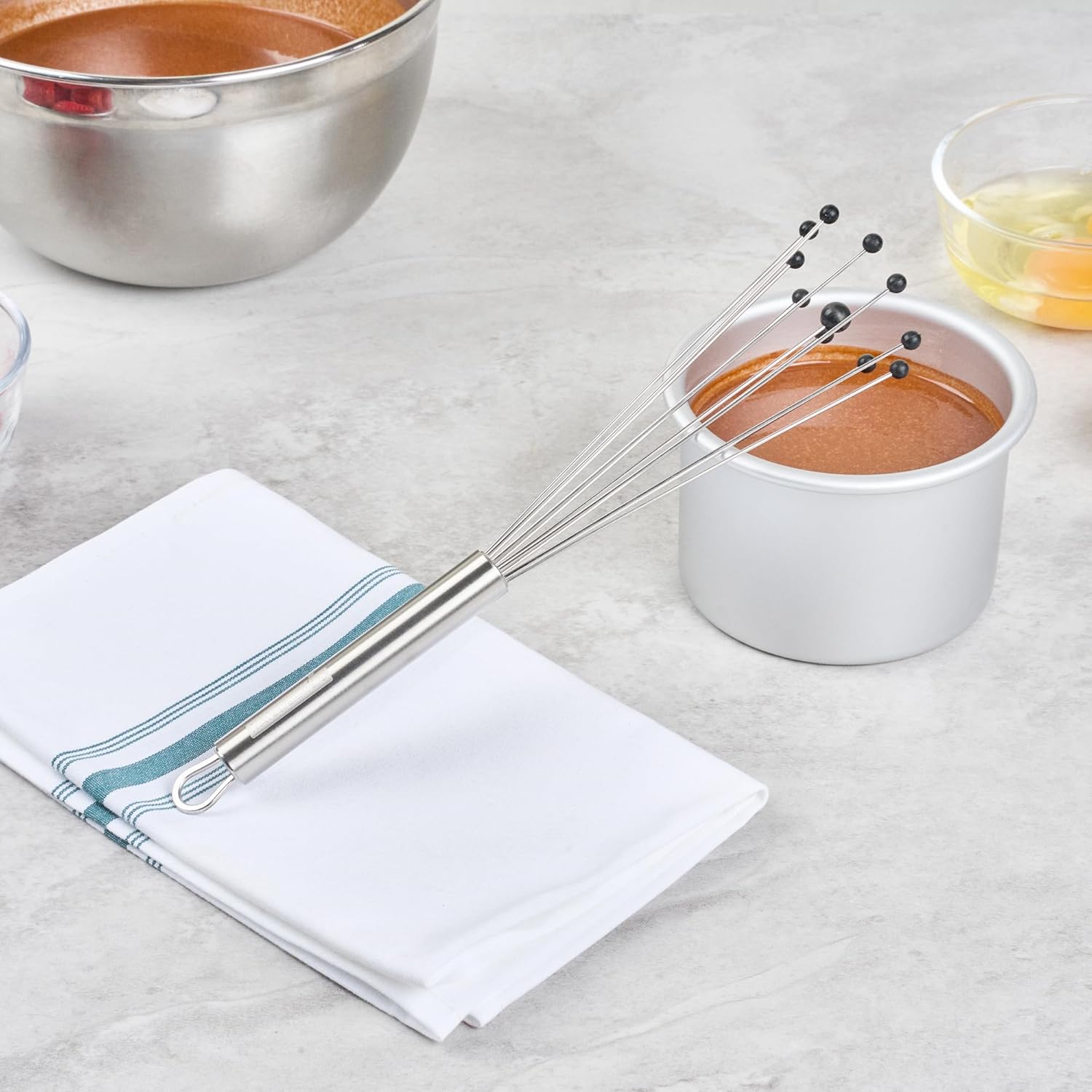 10.5 in Stainless Steel Ball Whisk - German Standard Egg Beater with Ergonomic Handle, Dishwasher Safe - Manual Mixer Cooking Whisk for Baking, Stirring, Sauces, Beating