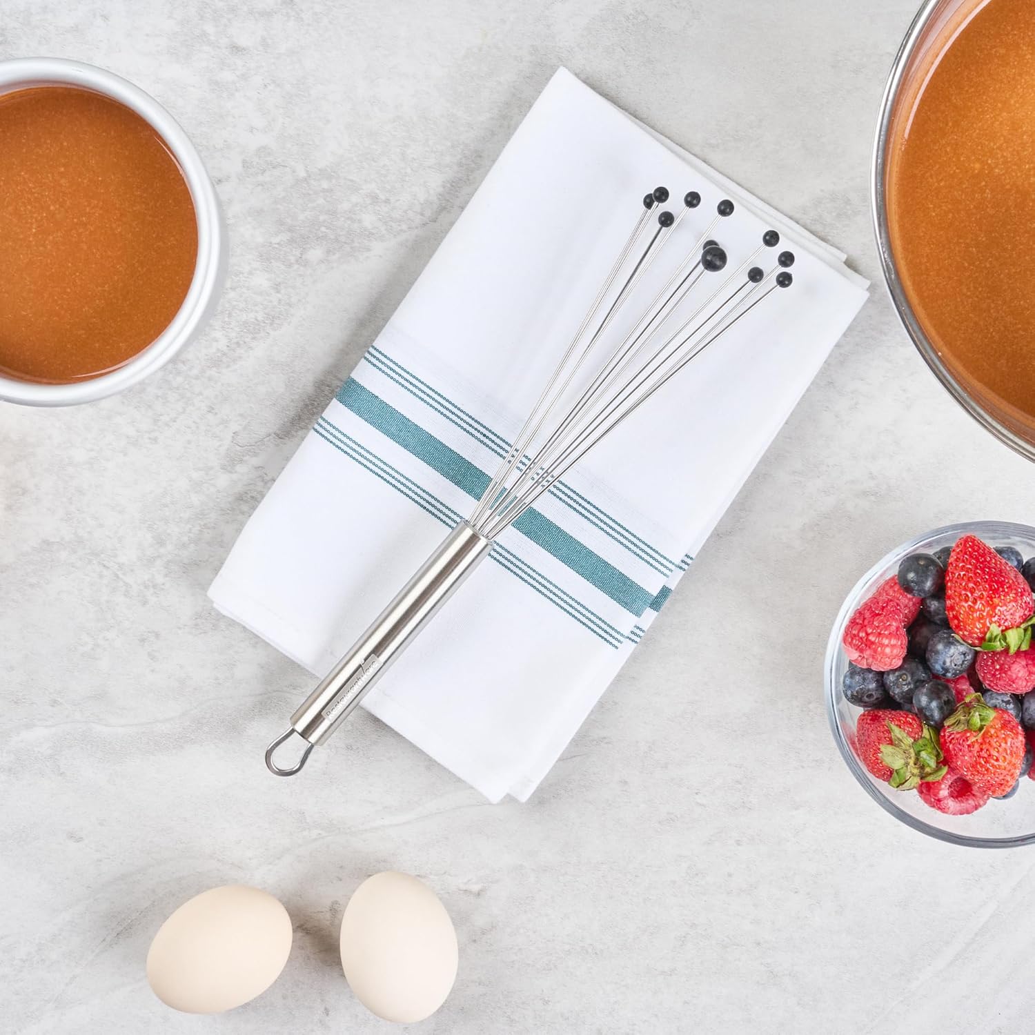 10.5 in Stainless Steel Ball Whisk - German Standard Egg Beater with Ergonomic Handle, Dishwasher Safe - Manual Mixer Cooking Whisk for Baking, Stirring, Sauces, Beating