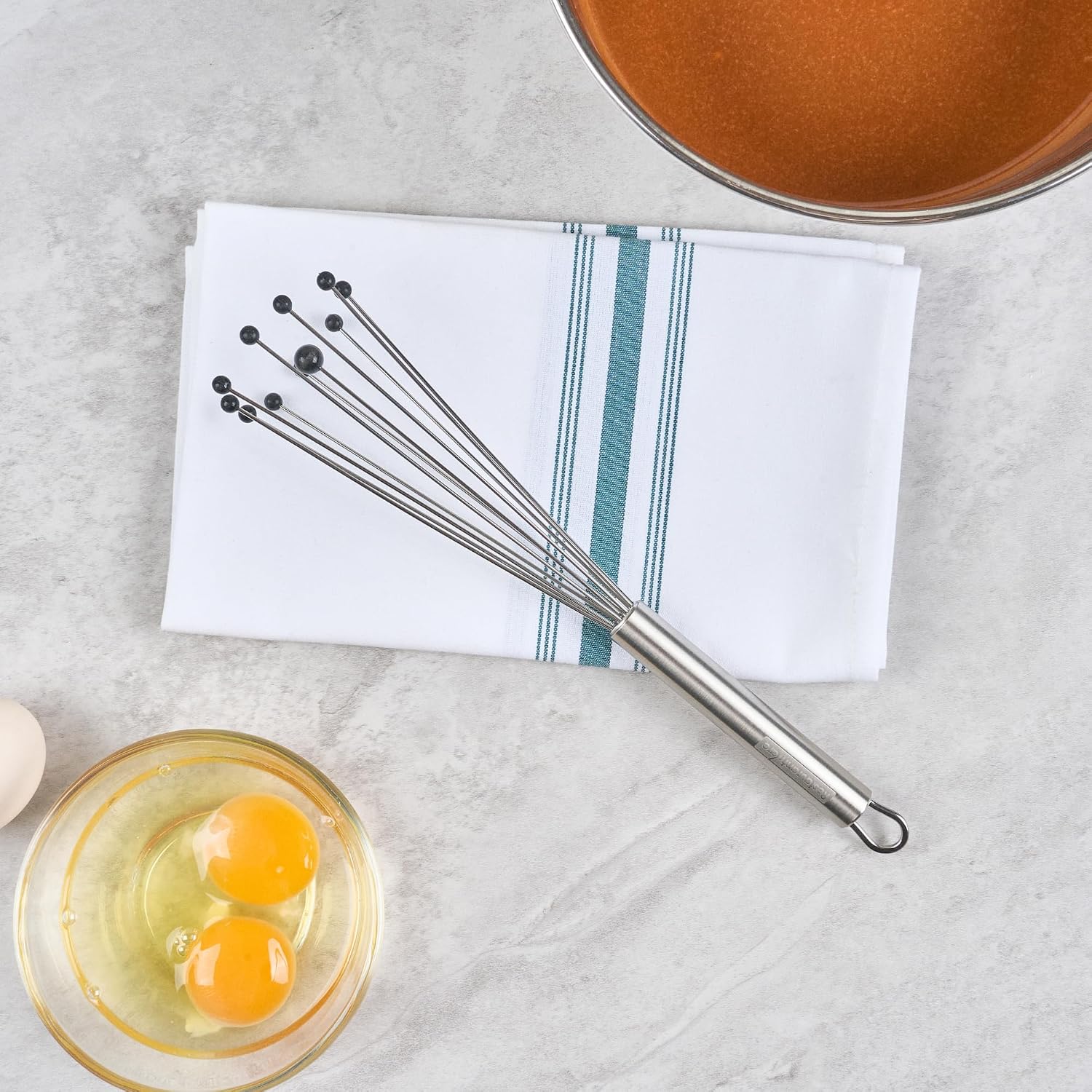 10.5 in Stainless Steel Ball Whisk - German Standard Egg Beater with Ergonomic Handle, Dishwasher Safe - Manual Mixer Cooking Whisk for Baking, Stirring, Sauces, Beating