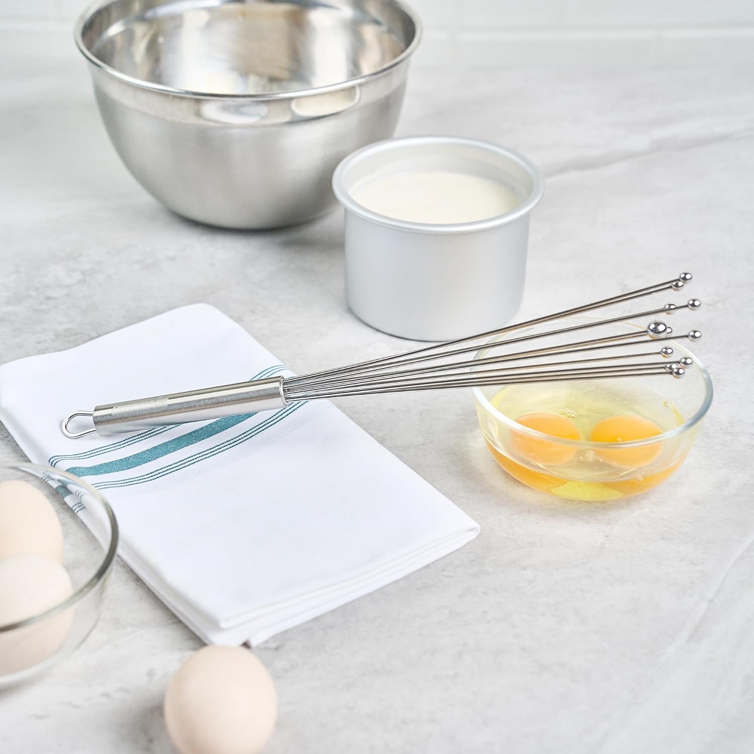 10.5 in Stainless Steel Ball Whisk - German Standard Egg Beater with Ergonomic Handle, Dishwasher Safe - Manual Mixer Cooking Whisk for Baking, Stirring, Sauces, Beating