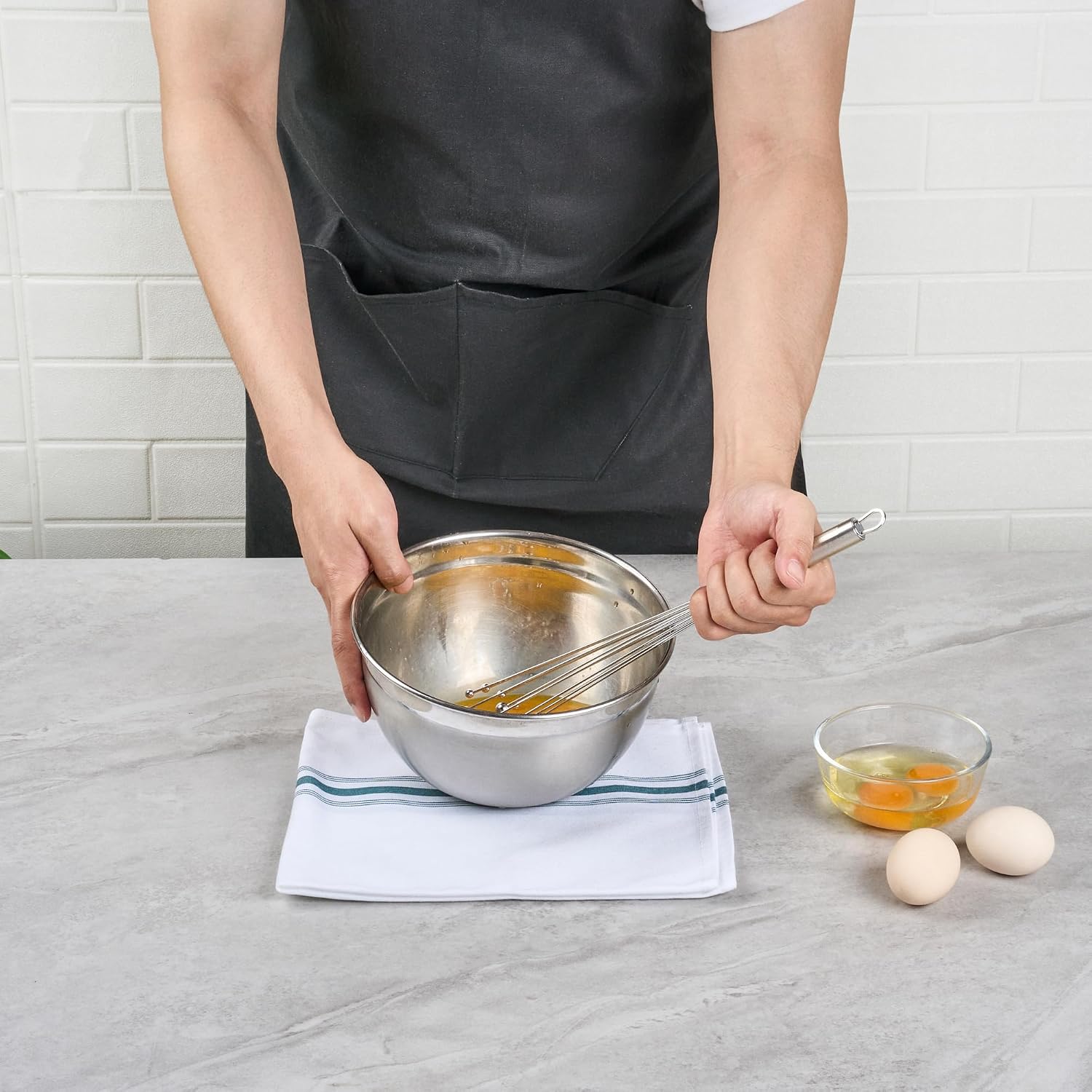 10.5 in Stainless Steel Ball Whisk - German Standard Egg Beater with Ergonomic Handle, Dishwasher Safe - Manual Mixer Cooking Whisk for Baking, Stirring, Sauces, Beating