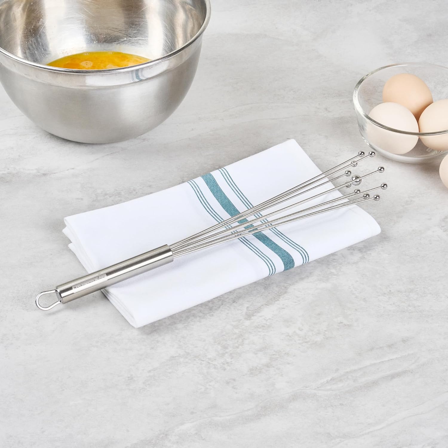 10.5 in Stainless Steel Ball Whisk - German Standard Egg Beater with Ergonomic Handle, Dishwasher Safe - Manual Mixer Cooking Whisk for Baking, Stirring, Sauces, Beating