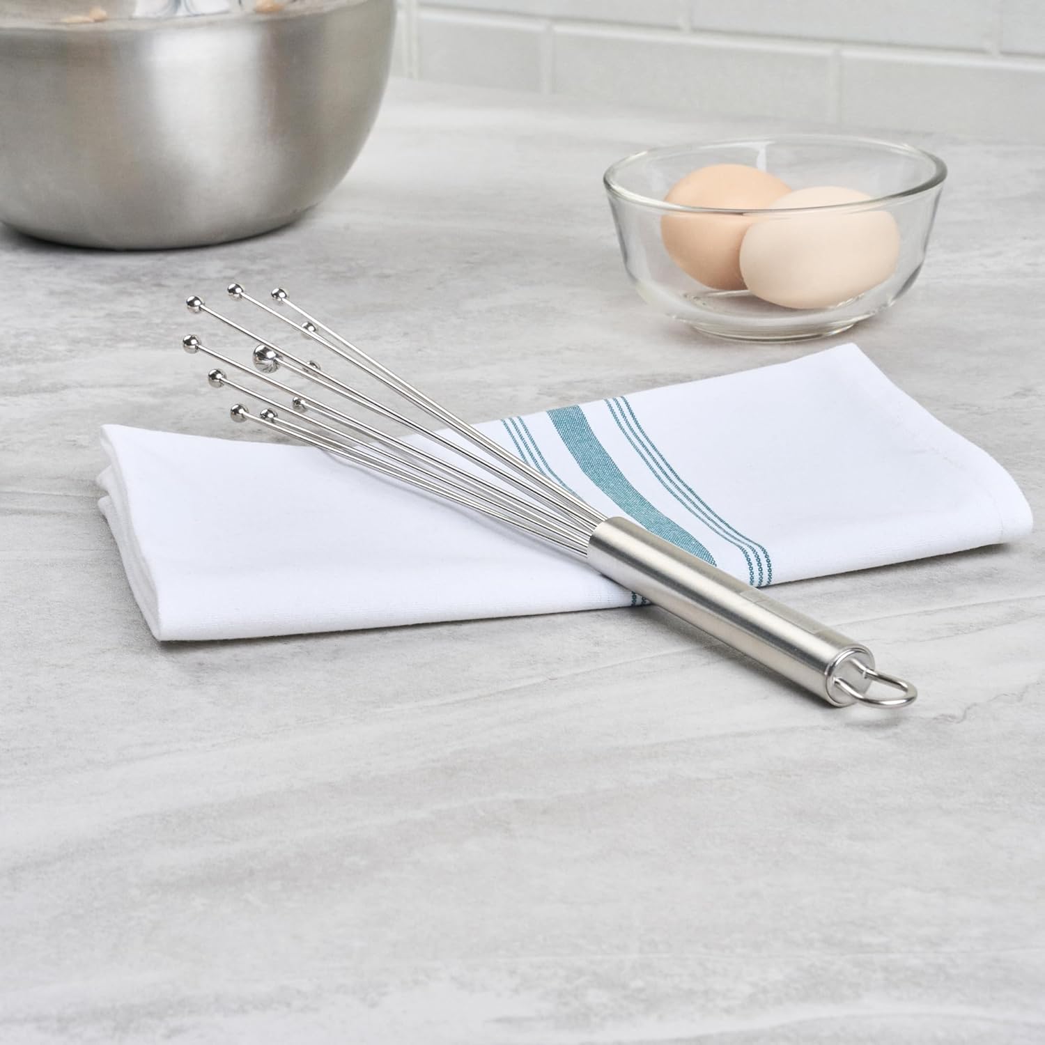 10.5 in Stainless Steel Ball Whisk - German Standard Egg Beater with Ergonomic Handle, Dishwasher Safe - Manual Mixer Cooking Whisk for Baking, Stirring, Sauces, Beating