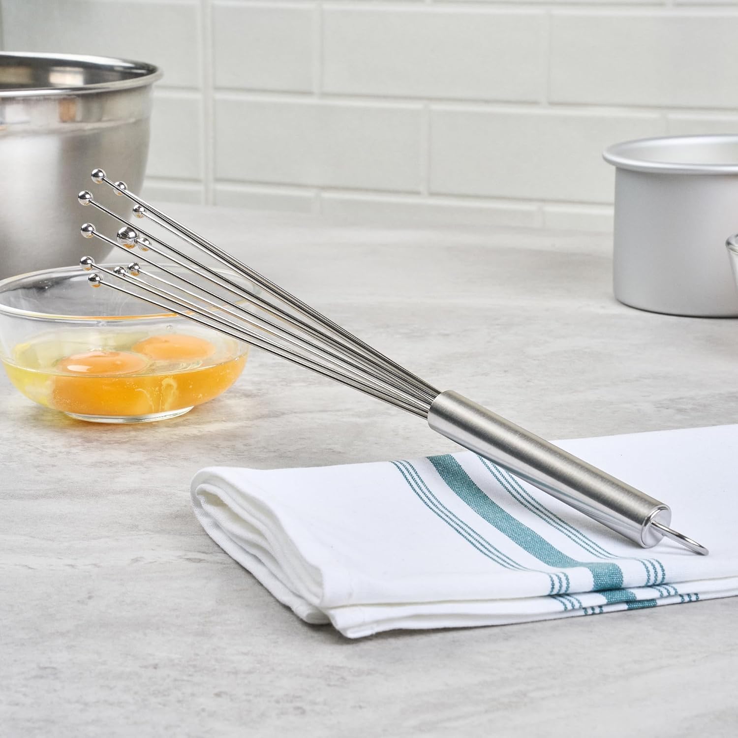 10.5 in Stainless Steel Ball Whisk - German Standard Egg Beater with Ergonomic Handle, Dishwasher Safe - Manual Mixer Cooking Whisk for Baking, Stirring, Sauces, Beating