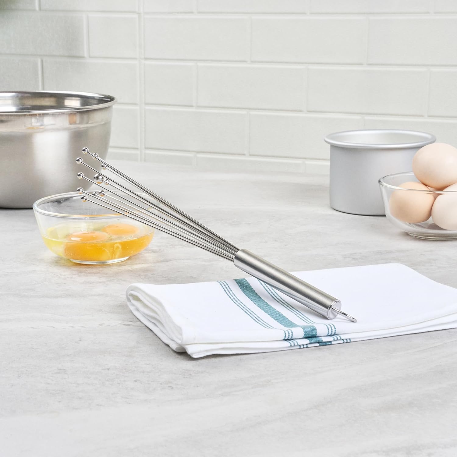 10.5 in Stainless Steel Ball Whisk - German Standard Egg Beater with Ergonomic Handle, Dishwasher Safe - Manual Mixer Cooking Whisk for Baking, Stirring, Sauces, Beating