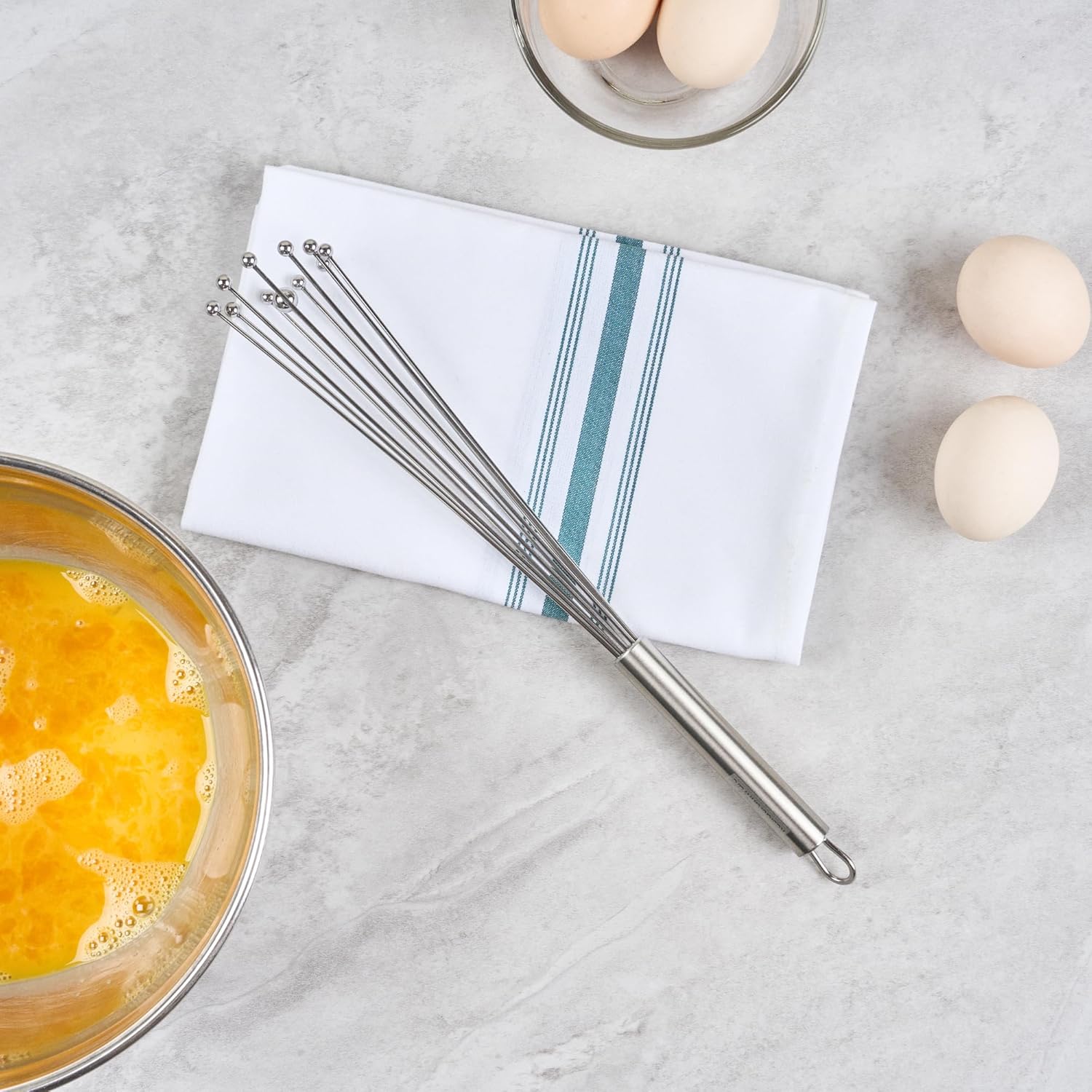 10.5 in Stainless Steel Ball Whisk - German Standard Egg Beater with Ergonomic Handle, Dishwasher Safe - Manual Mixer Cooking Whisk for Baking, Stirring, Sauces, Beating
