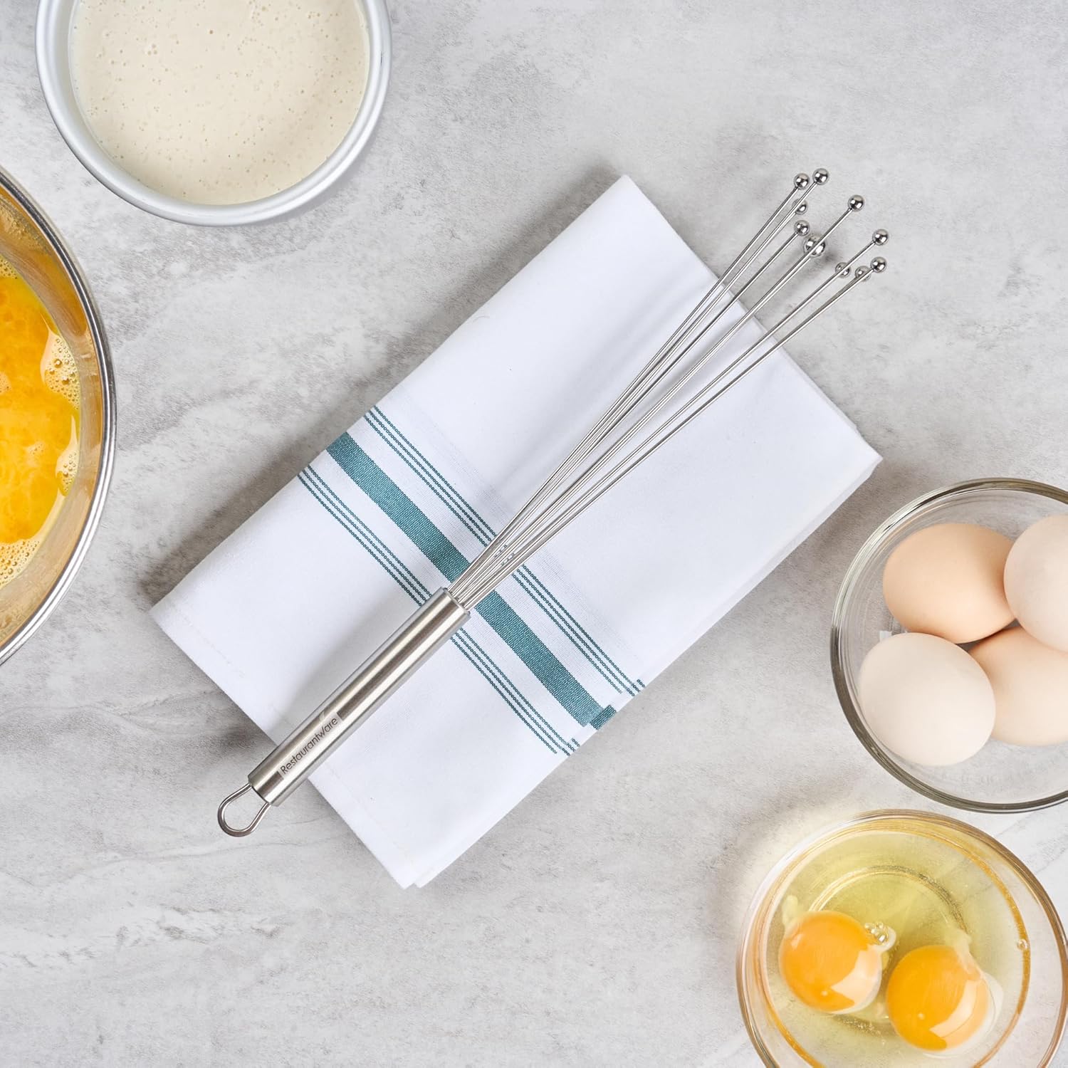10.5 in Stainless Steel Ball Whisk - German Standard Egg Beater with Ergonomic Handle, Dishwasher Safe - Manual Mixer Cooking Whisk for Baking, Stirring, Sauces, Beating