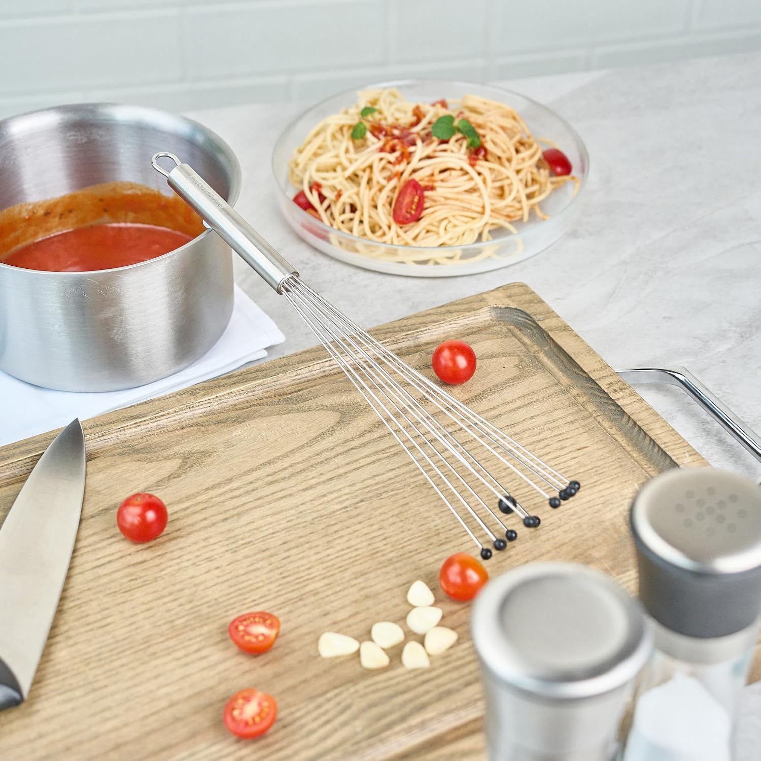 10.5 in Stainless Steel Ball Whisk - German Standard Egg Beater with Ergonomic Handle, Dishwasher Safe - Manual Mixer Cooking Whisk for Baking, Stirring, Sauces, Beating