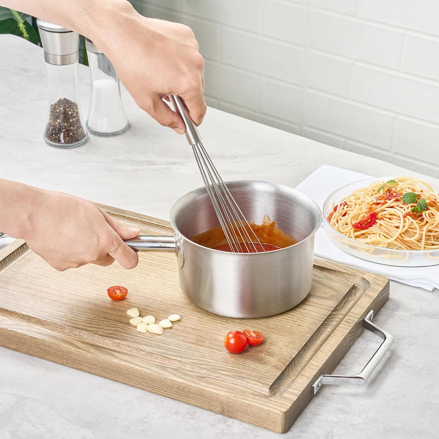 10.5 in Stainless Steel Ball Whisk - German Standard Egg Beater with Ergonomic Handle, Dishwasher Safe - Manual Mixer Cooking Whisk for Baking, Stirring, Sauces, Beating