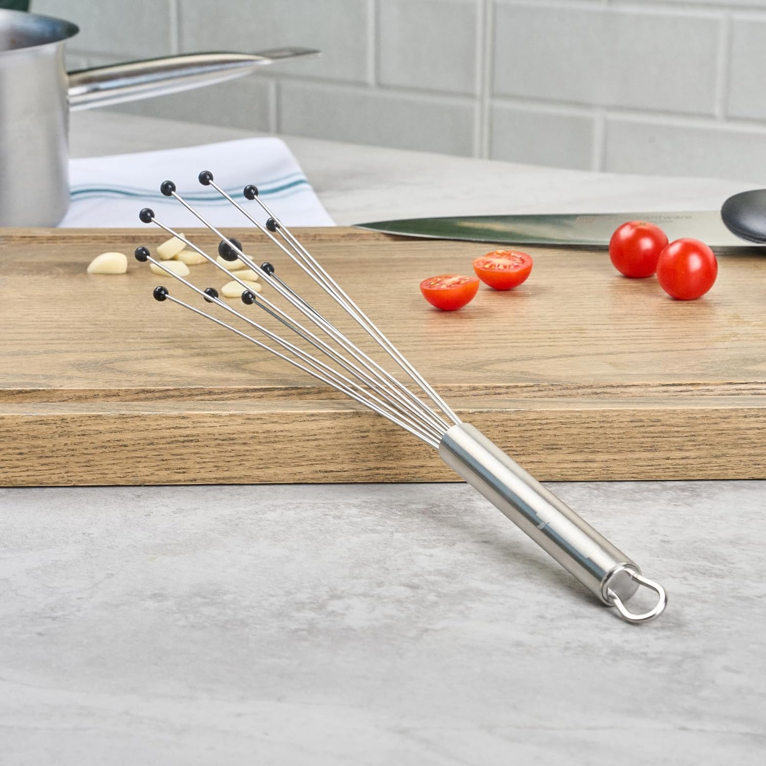 10.5 in Stainless Steel Ball Whisk - German Standard Egg Beater with Ergonomic Handle, Dishwasher Safe - Manual Mixer Cooking Whisk for Baking, Stirring, Sauces, Beating