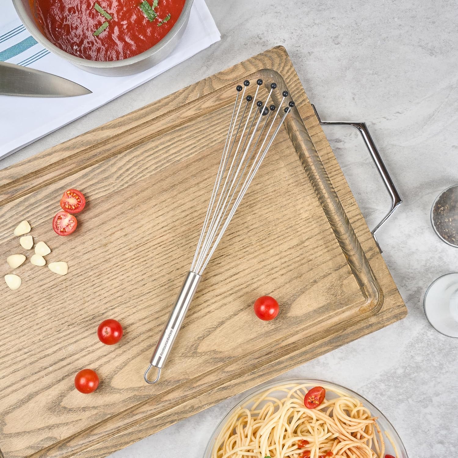 10.5 in Stainless Steel Ball Whisk - German Standard Egg Beater with Ergonomic Handle, Dishwasher Safe - Manual Mixer Cooking Whisk for Baking, Stirring, Sauces, Beating
