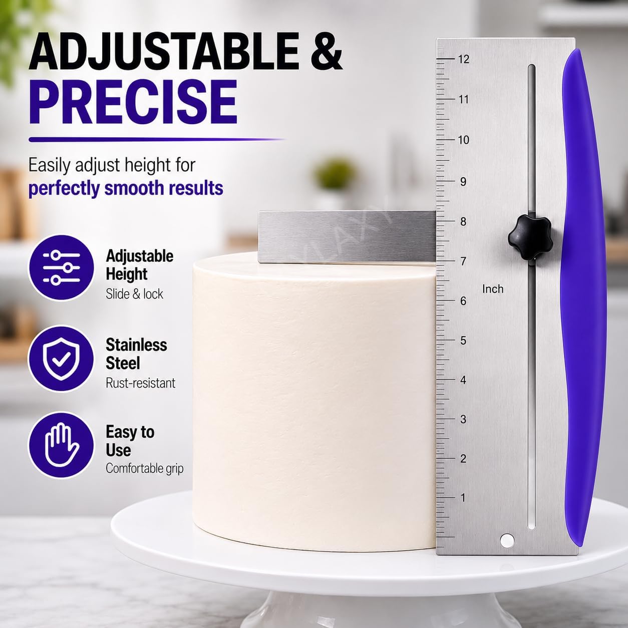 12 Inch Stainless Steel Cake Scraper, Leveler and Smoother, Icing Spatula, Perfect Tool for Icing, Frosting, Cream Edge. Adjustable Kitchen Spatula for Mousse, Cheese & Cream Cake