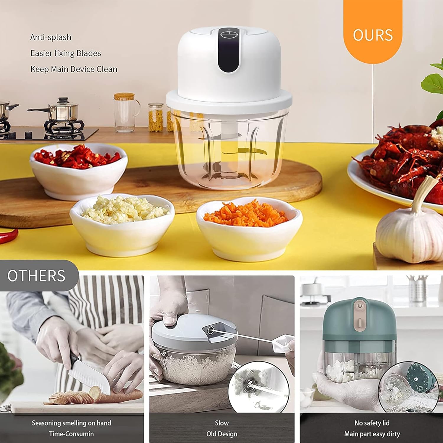 1.5 CUP Garlic Chopper,Electric Mini Food Processor,Portable Veggie Chopper | 350 ML Garlic Grinder Masher Onion Chopper, Blender to Vegetable, Kitchen Utensils for Ginger, Chili, Fruit, Meat, Spices