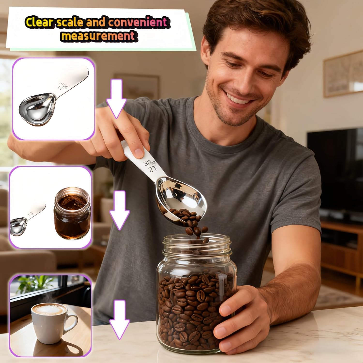 1 Tbsp(15ml) Coffee Scoop,Stainless Steel Measuring Spoons for Coffee,Protein Powder,Sugar,Easy Read Laser Engraved Mark,Short Handle Fits in Container,Rust-Resistant,Drop-Resistant (1T 15ml)