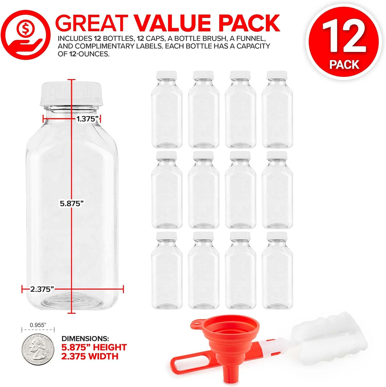 12 oz Juice Bottles with Caps for Juicing (12 pack) - Reusable Clear Empty Plastic Water Bottles - Drink Containers for Mini Fridge, Juicer Shots Includes Labels, Brush & Funnel