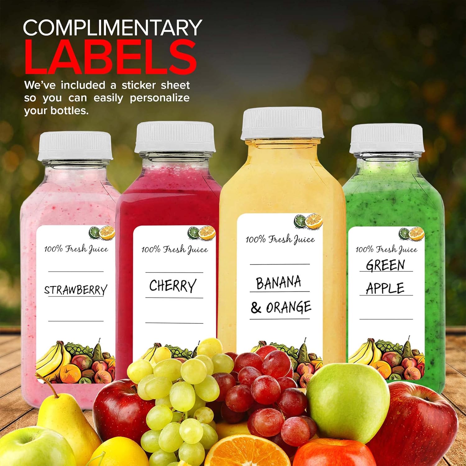 12 oz Juice Bottles with Caps for Juicing (12 pack) - Reusable Clear Empty Plastic Water Bottles - Drink Containers for Mini Fridge, Juicer Shots Includes Labels, Brush & Funnel