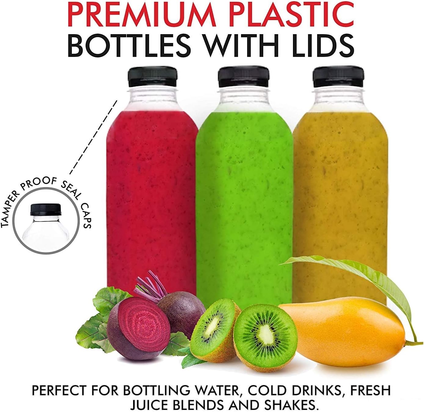 12 oz Juice Bottles with Caps for Juicing (12 pack) - Reusable Clear Empty Plastic Water Bottles - Drink Containers for Mini Fridge, Juicer Shots Includes Labels, Brush & Funnel