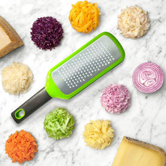 11-inch Handheld Cheese Grater - Coarse Stainless Steel Shredder for Parmesan/Cheddar, Non-Slip Silicone Handle with Storage Container (Dishwasher Safe) - Green