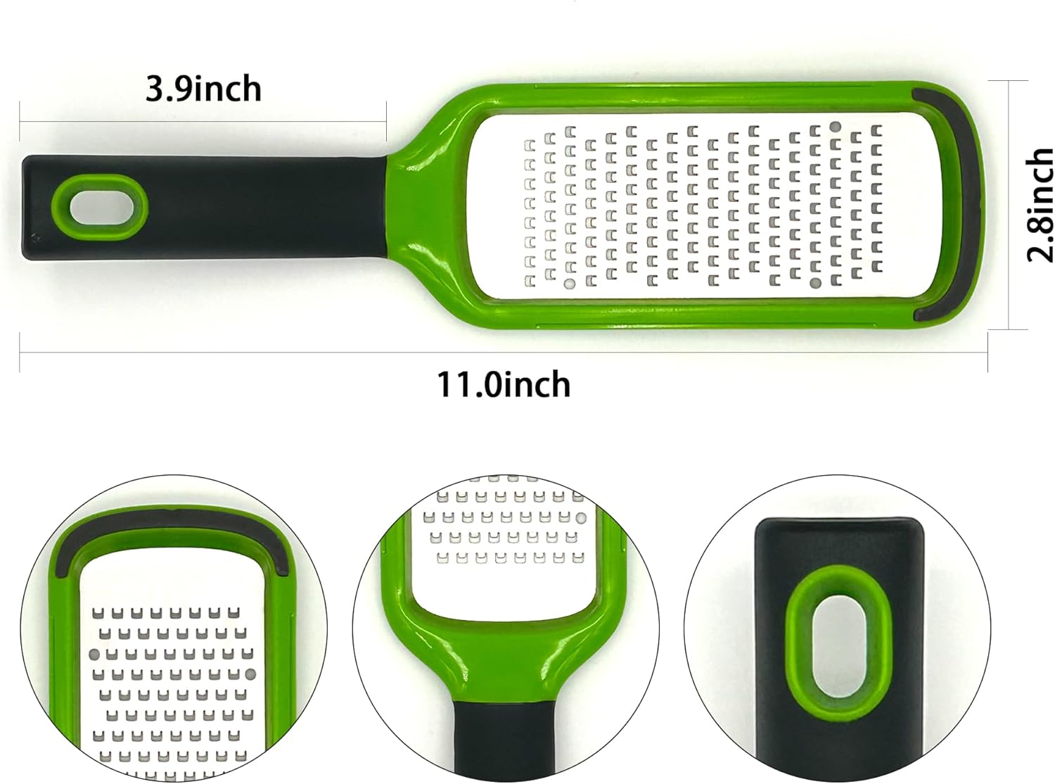 11-inch Handheld Cheese Grater - Coarse Stainless Steel Shredder for Parmesan/Cheddar, Non-Slip Silicone Handle with Storage Container (Dishwasher Safe) - Green
